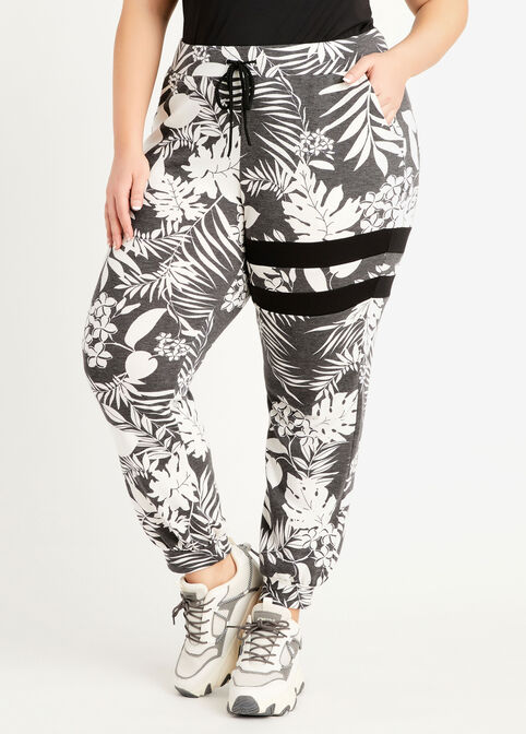 Floral Knit Athleisure Joggers, Black White image number 0