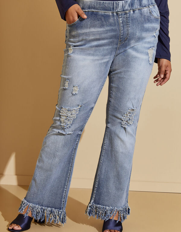 High Rise Distressed Frayed Jeans, Medium Blue image number 0