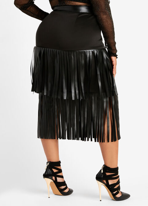 Faux Leather & Knit Fringe Skirt, Black image number 1