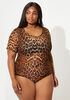Leopard Print Mesh Bodysuit, Brown Animal image number 1