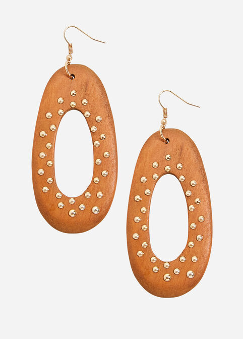 Studded Wood Geo Drop Earrings, Brown image number 0