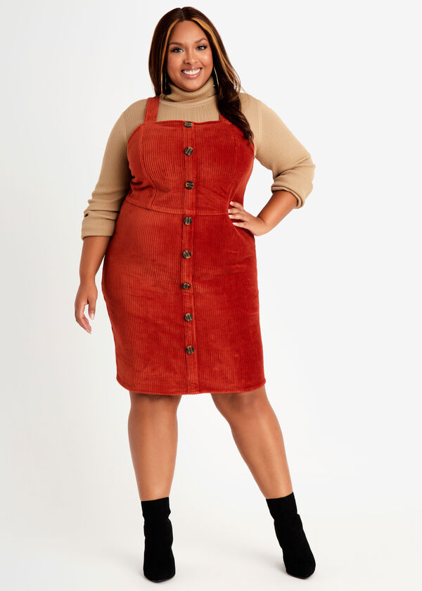 Corduroy Button Overall Dress, Rust image number 0