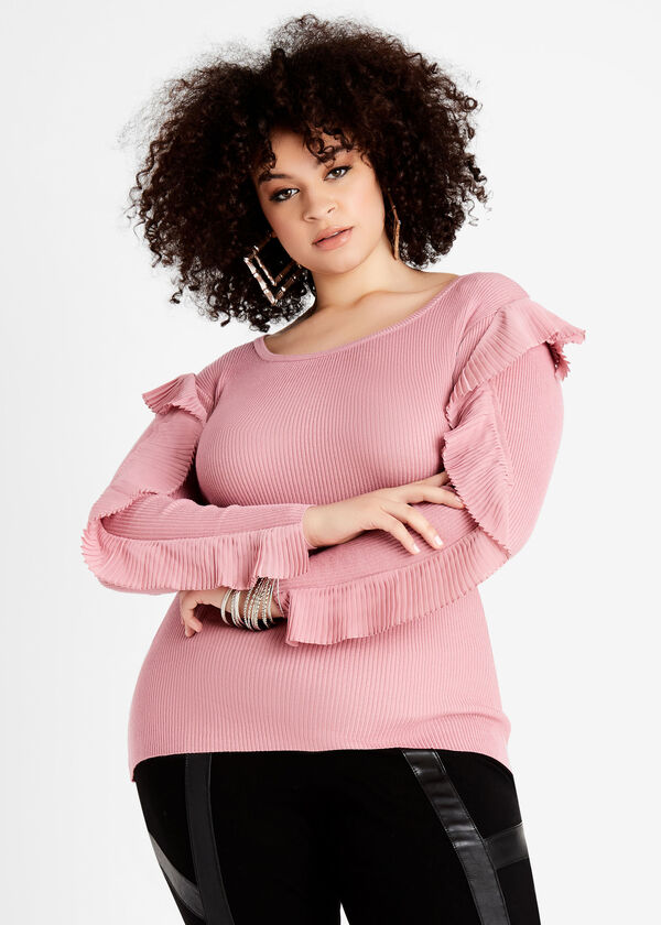 Plus Size Sexy Knitwear Chiffon Ruffle Trim Ribbed Knit Fitted Sweater image number 0