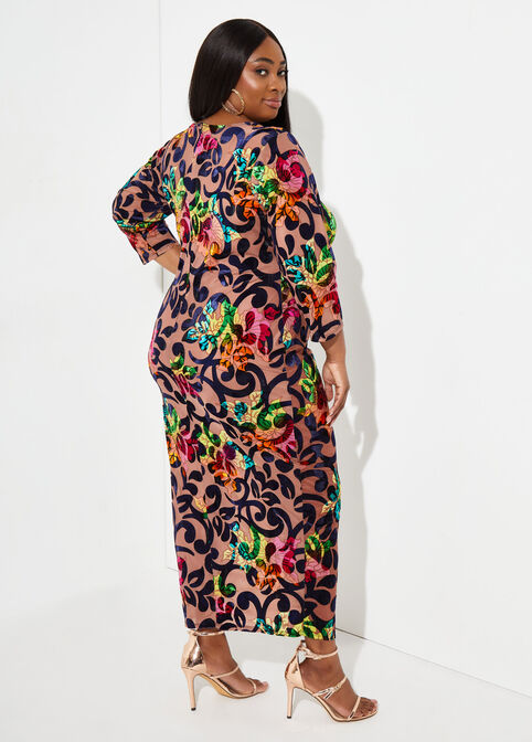 Flocked Printed Mesh Bodycon Dress, Multi image number 1