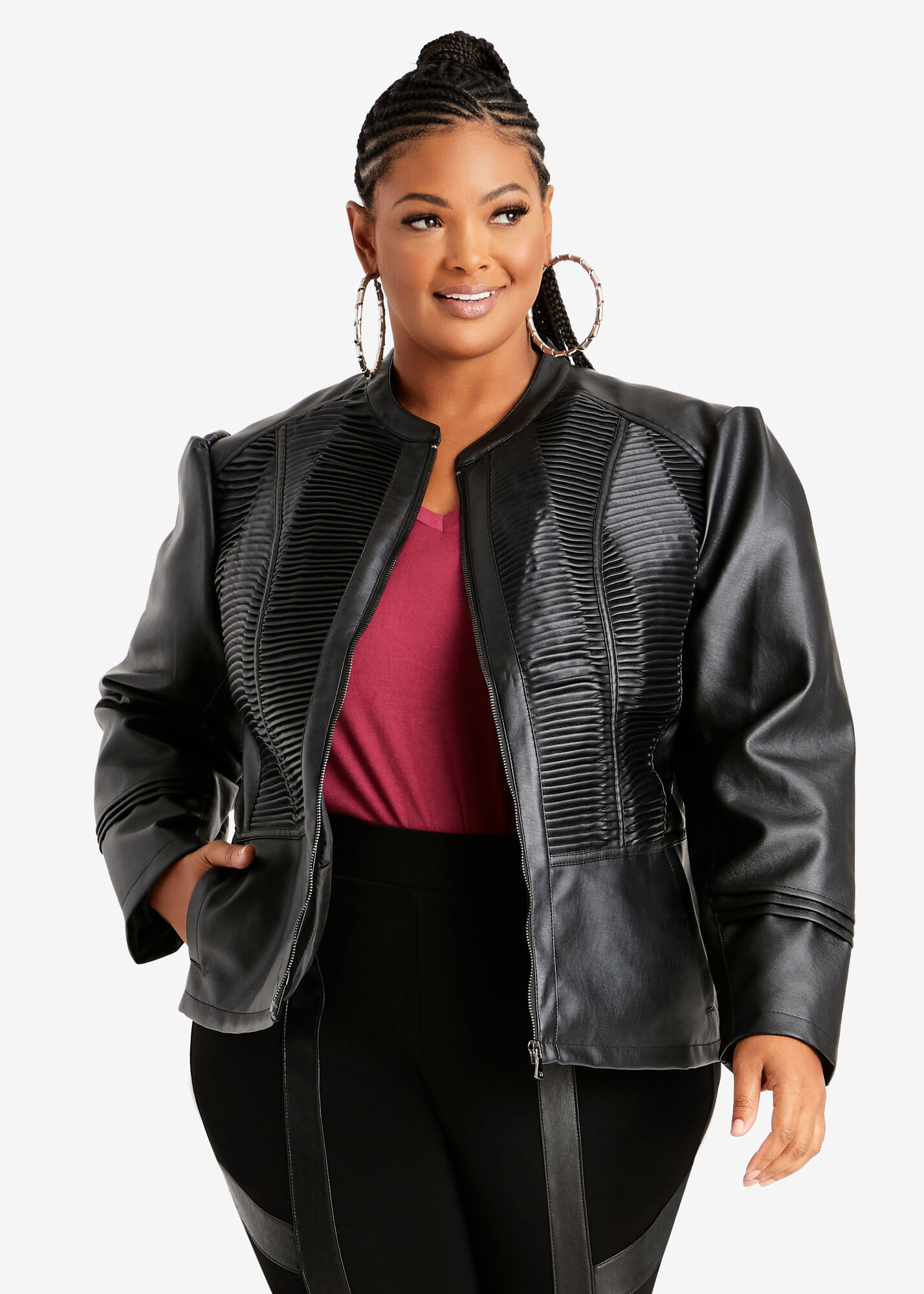 Size Leather Puff Sleeve Pleated Front Center Zip Jackets