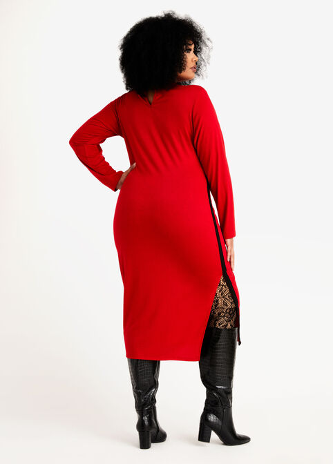 Mock Neck Side Slit Bodycon Dress, Red image number 1