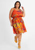 Floral Print Shirred Dress, Flame Orange image number 0