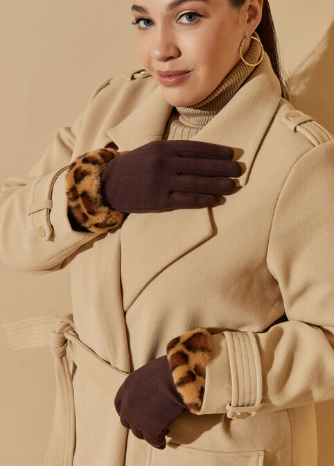 Animal Faux Fur Trimmed Gloves, Brown image number 5