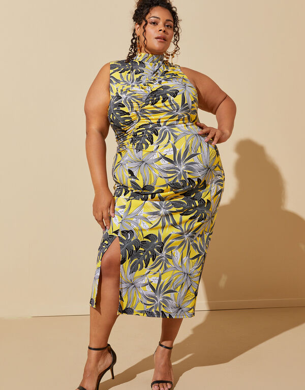 Palm Print Ruched Midi Dress, Maize image number 0
