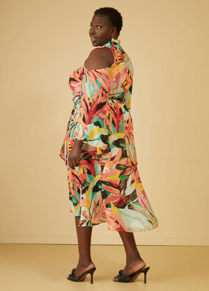 Cold Shoulder Leaf Print Dress, Multi image number 1