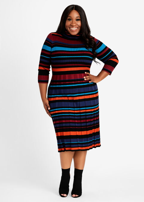 Stripe Turtleneck Sweater Dress, Potters Clay image number 0