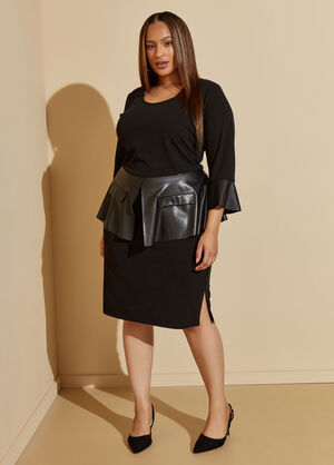 Faux Leather Paneled Peplum Dress, Black image number 0
