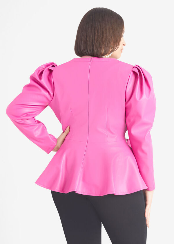 Faux Leather Peplum Top, Fuchsia Red image number 3