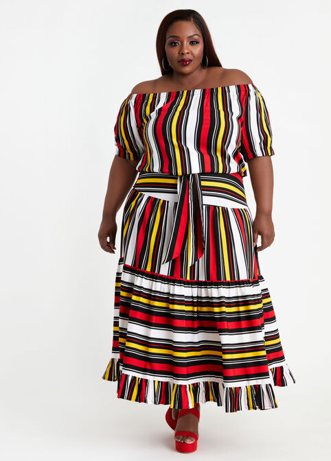 Stripe Ruffle High Waist Maxi Skirt, Tango Red image number 2