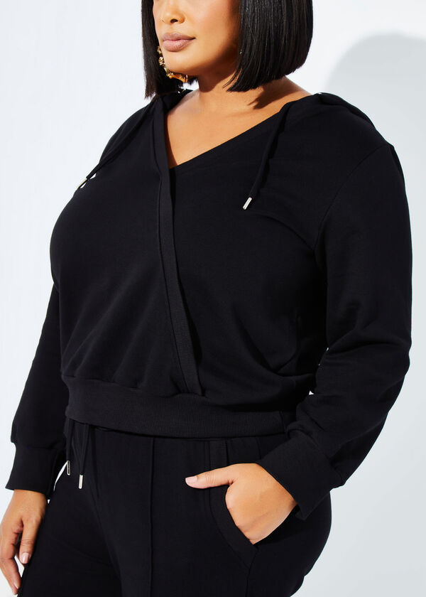 French Terry Faux Wrap Hoodie, Black image number 2