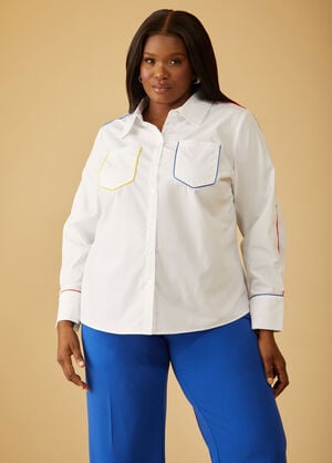 Piped Poplin Collared Shirt, White image number 0