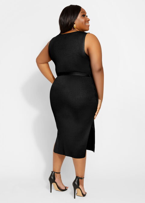 Belted Ribbed Bodycon Midi Dress, Black image number 1