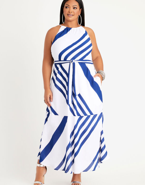 Striped Crepe Maxi Dress, White image number 0