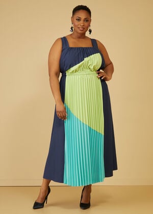 Colorblock Pleated Maxi Dress, Peacoat image number 0