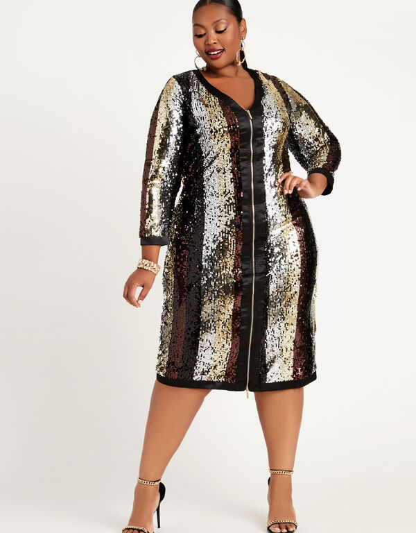 Striped Sequin Bodycon Dress, Black Combo image number 0