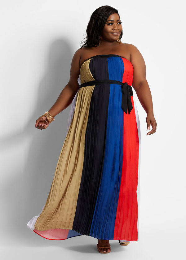 Plus Size Strapless Colorblock Pleated Belted Sexy Summer Party Dress