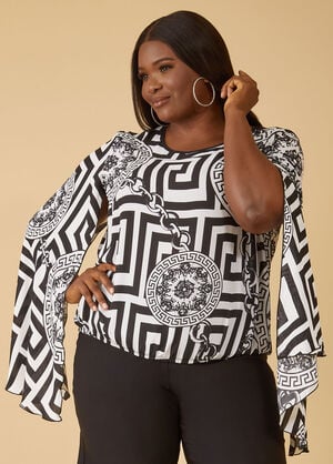 Cape Sleeved Printed Blouse, Black White image number 0
