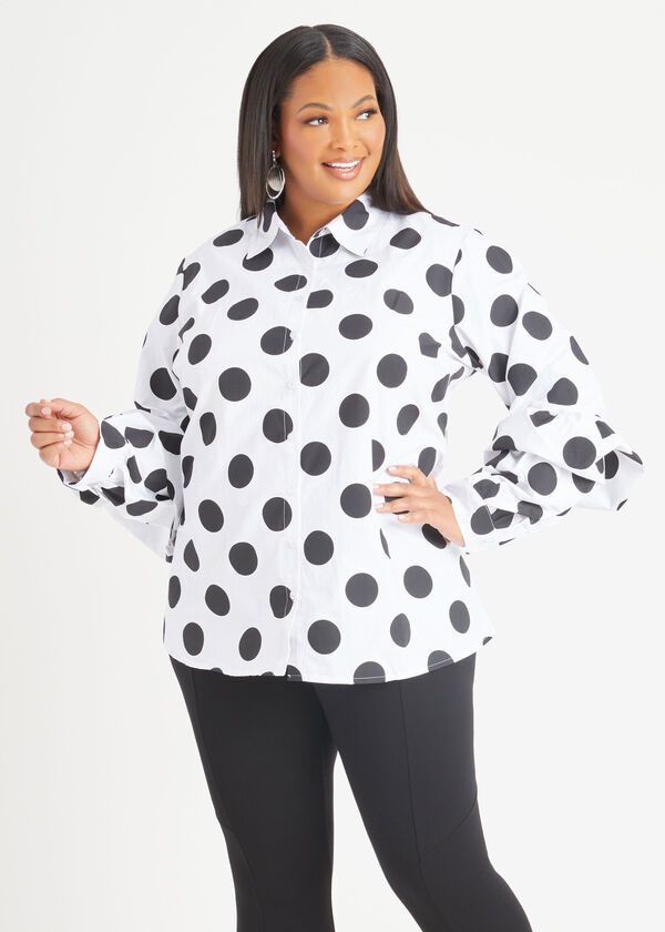 Ruffled Polka Dot Shirt, White Black image number 2