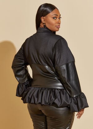 Faux Leather Paneled Peplum Jacket, Black image number 1