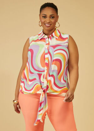 Tie Front Swirl Print Shirt, Multi image number 0