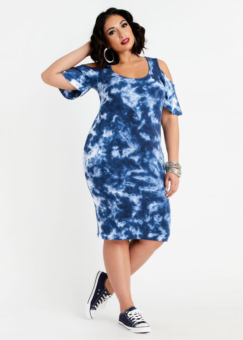 Plus Size Tie Dye Cold Shoulder Sexy Flutter Sleeve Bodycon Dress image number 0