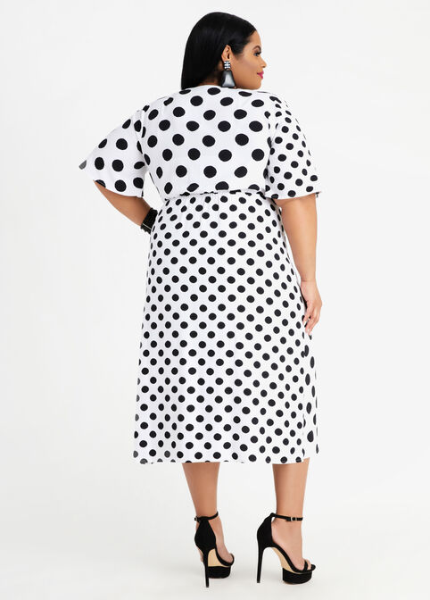 Dot Wrap Asymmetric Midi Dress, White Black image number 1
