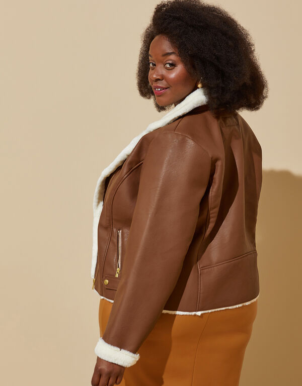 Faux Fur Trimmed Moto Jacket, Brown image number 1