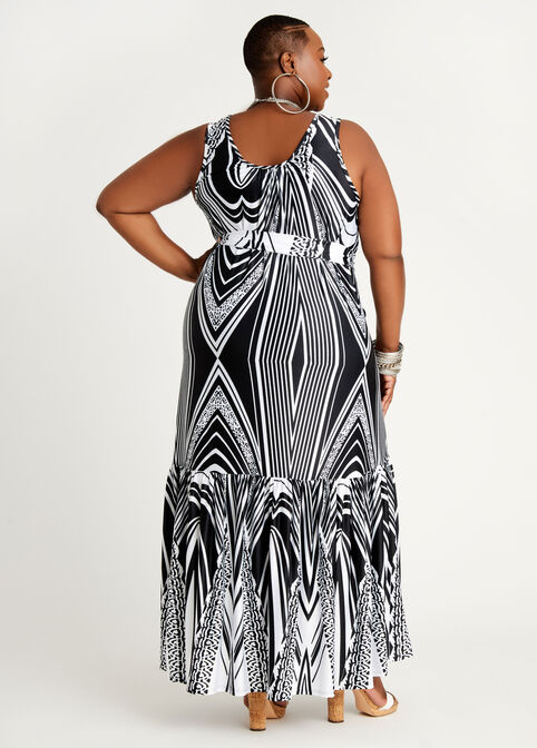 Short Belted Abstract Flounce Maxi, Black White image number 2