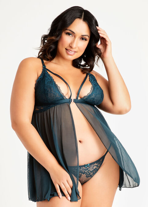 Lace Strappy Babydoll & Thong, Deep Peacock Blue image number 0