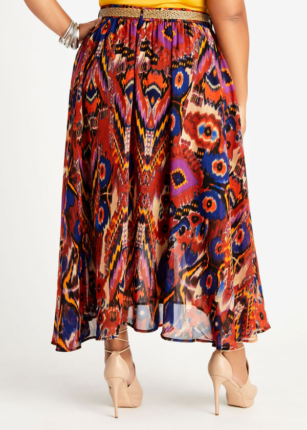 Belted Abstract Hi Low Maxi Skirt, Burnt Henna image number 1