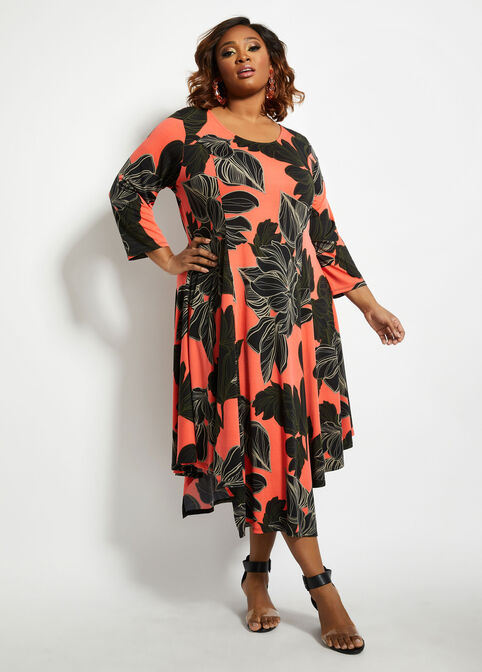 Floral Knit Asymmetric Swing Dress, Copper image number 0