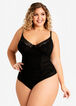 Lace Trim Ruched Thong Bodysuit, Black image number 0