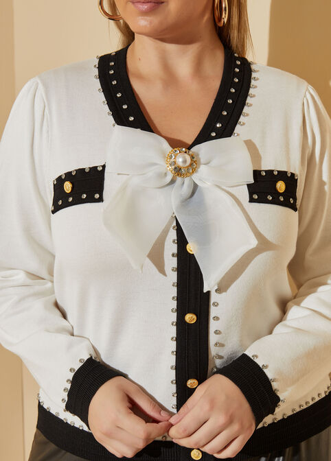 Bow Embellished Two Tone Sweater, White Black image number 2