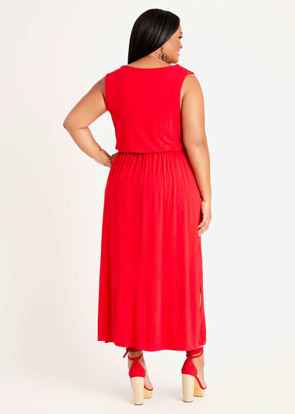 Short Belted Lattice Maxi Dress, Tango Red image number 1