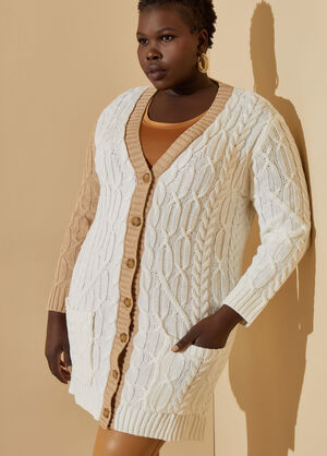 Two Tone Cable Knit Cardigan, Ivory image number 0