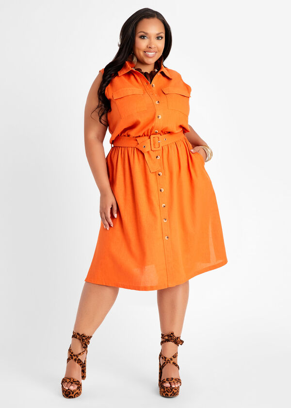 Belted Linen Shirtdress, Orange image number 0