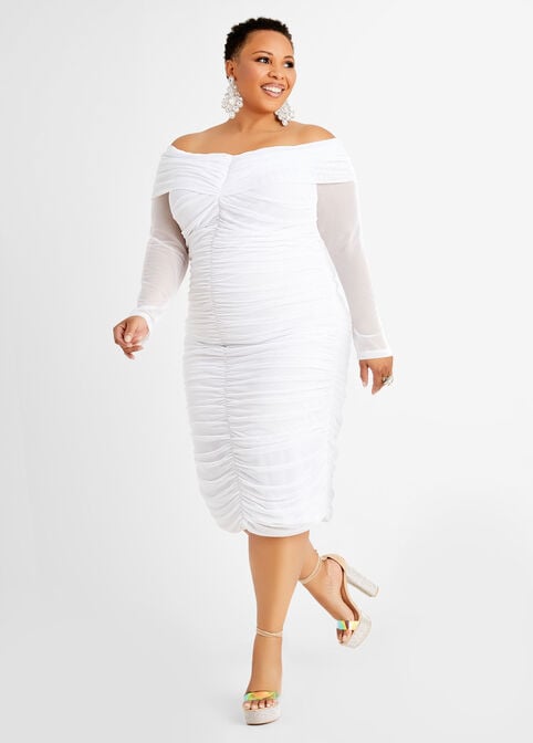 Ruched Mesh Off Shoulder Dress, White image number 0