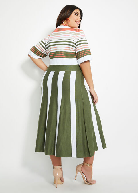 Belted Striped ALine Sweater Dress, Olive image number 1