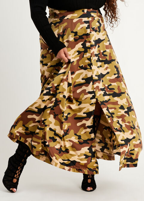 Camo Button Front Maxi Skirt, Military Olive image number 0