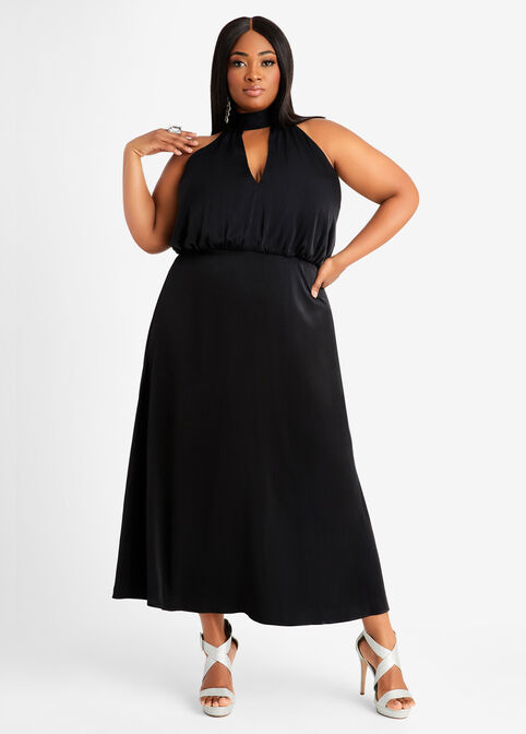 Sateen Halter Cutout Maxi Dress, Black image number 0