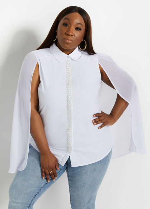 Pearl Chiffon Cape Button Up Top, White image number 0