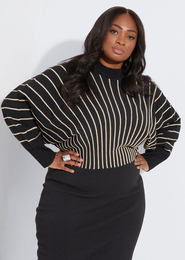 Striped Ribbed Sweater Dress, Black Combo image number 1