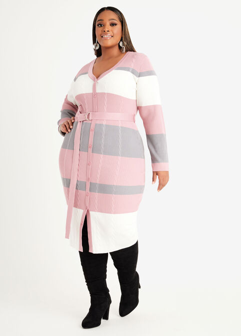 Striped Cable Knit Sweater Dress, Foxglove image number 0