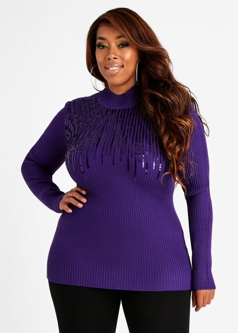 Plus Size Sequin Mock Neck Cozy Chic Ribbed Lightweight Sweater image number 0