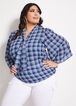 Plaid Tie Neck Flare Sleeve Top, Navy image number 0